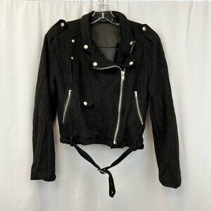 Apperloth Womens Moto Jacket Black Waist Length Full Zip Pockets Belted Small